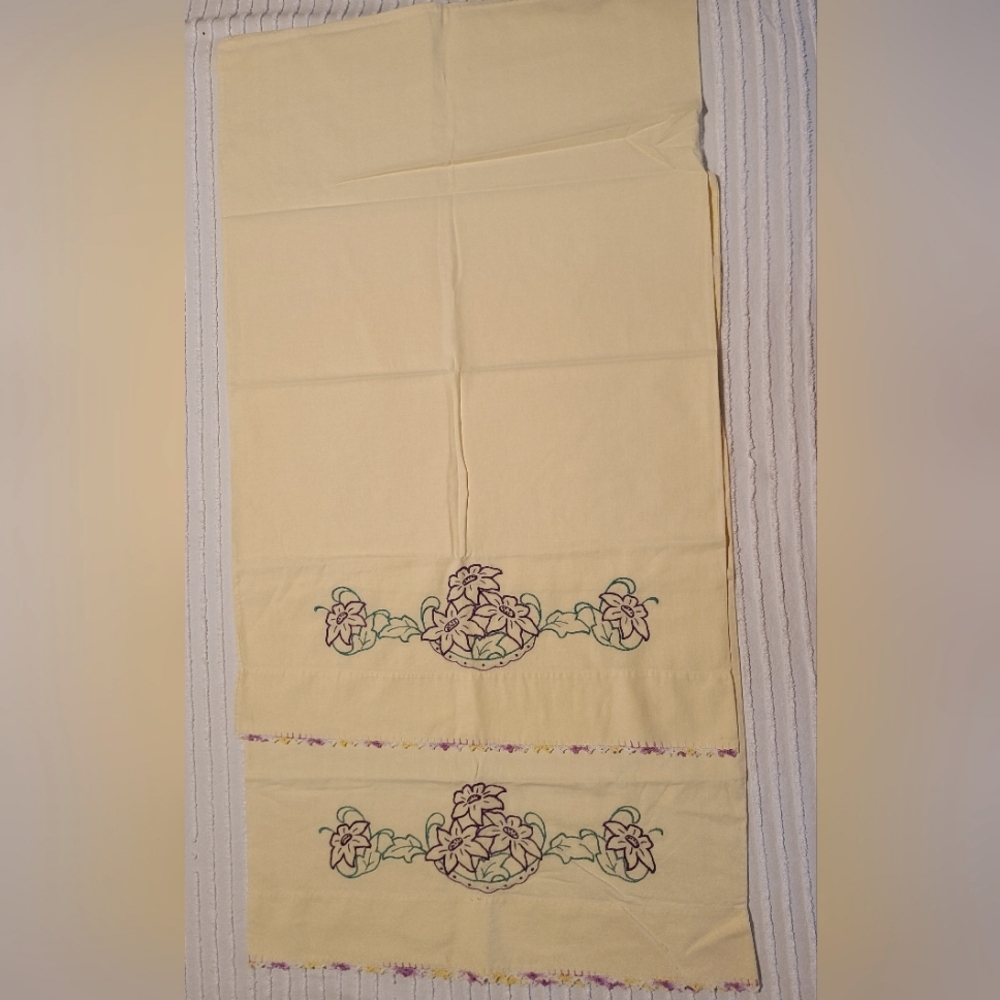 Vintage Yellow Floral Embroidered Standard Pillow Case Set